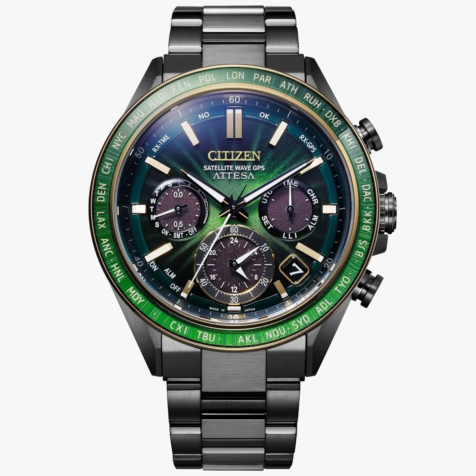 星辰 CITIZEN ATTESA 光動能（Eco-Drive）50 週年紀念版－CC4084-83Z「綠光閃耀」（Green Flash）與 CC4085-81Z「紫光極光」（Purple Aurora）錶款，設計靈感源自太陽與地球共同演繹的壯麗光影奇觀