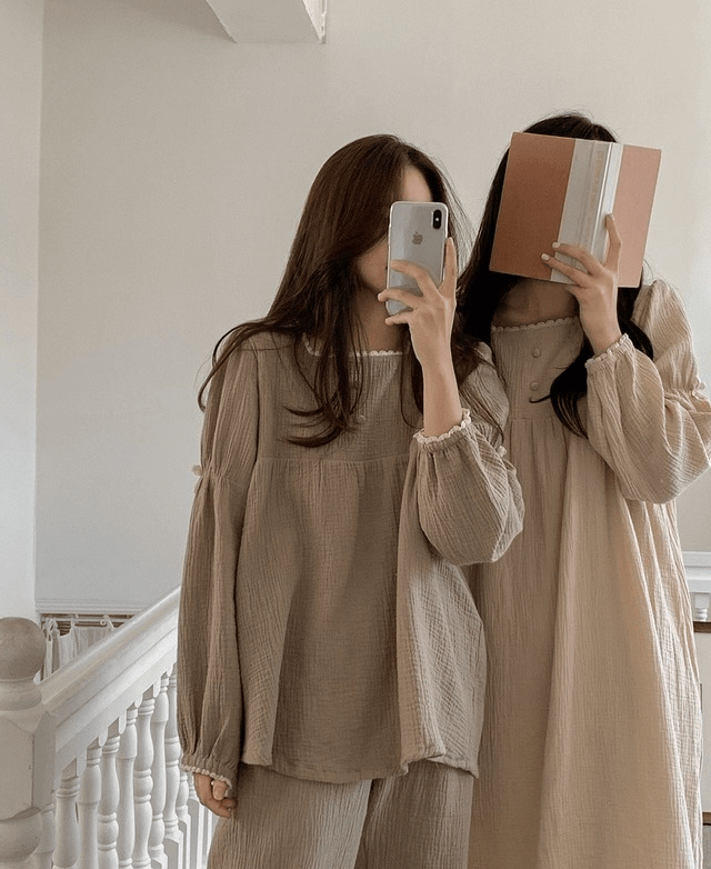 Juuneedu｜[長袖睡衣] Merry Ann Ribbon Cotton Pajama [3 colors]