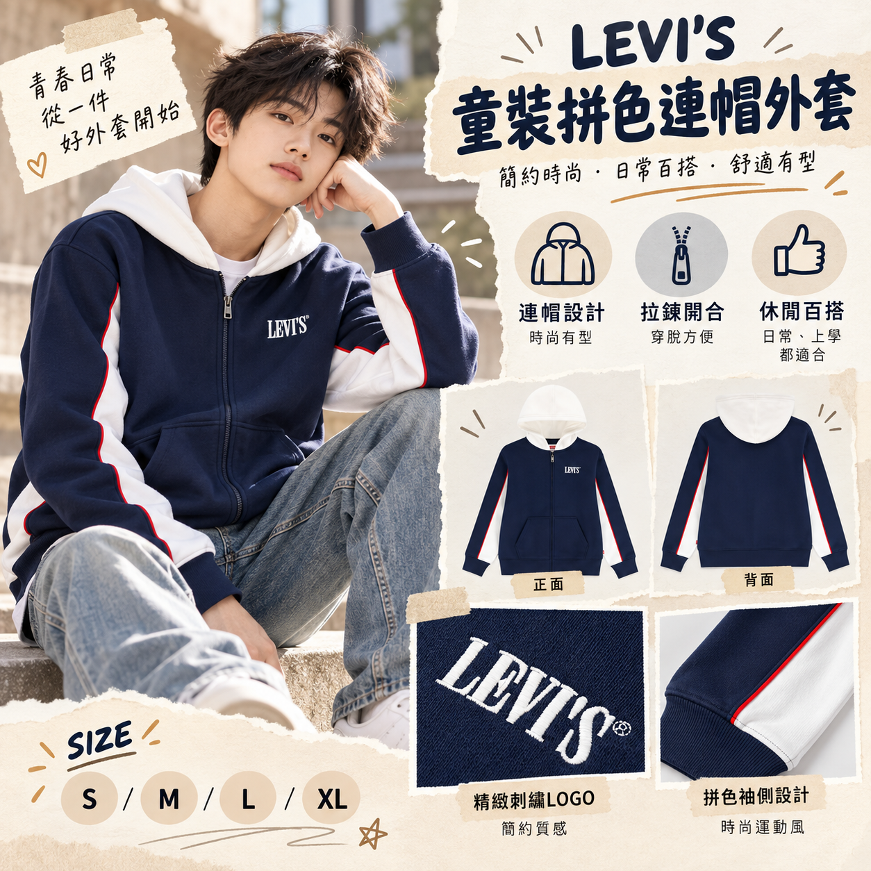 【預購】LEVIS N100203 大童拉鏈連帽外套 (深藍拼白色)