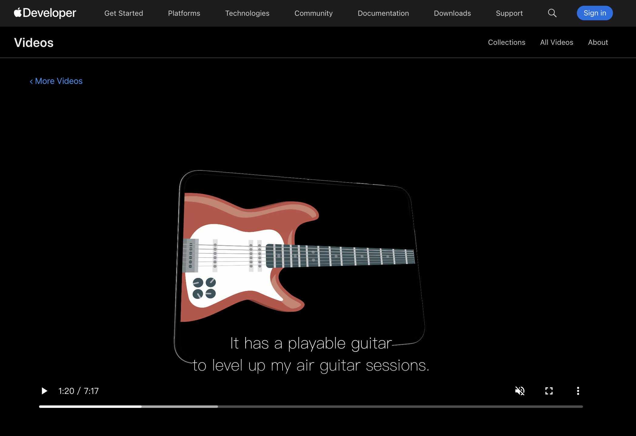 Apple Developer 網站「Videos」頁面的影片播放截圖,畫面為橫向裝置螢幕中的紅色電吉他插圖,吉他橫向佔滿螢幕,下方字幕為「It has a playable guitar to level up my air guitar sessions.」,播放進度 1:20/7:17,用於展示 App 在橫向大螢幕裝置上的畫面呈現。