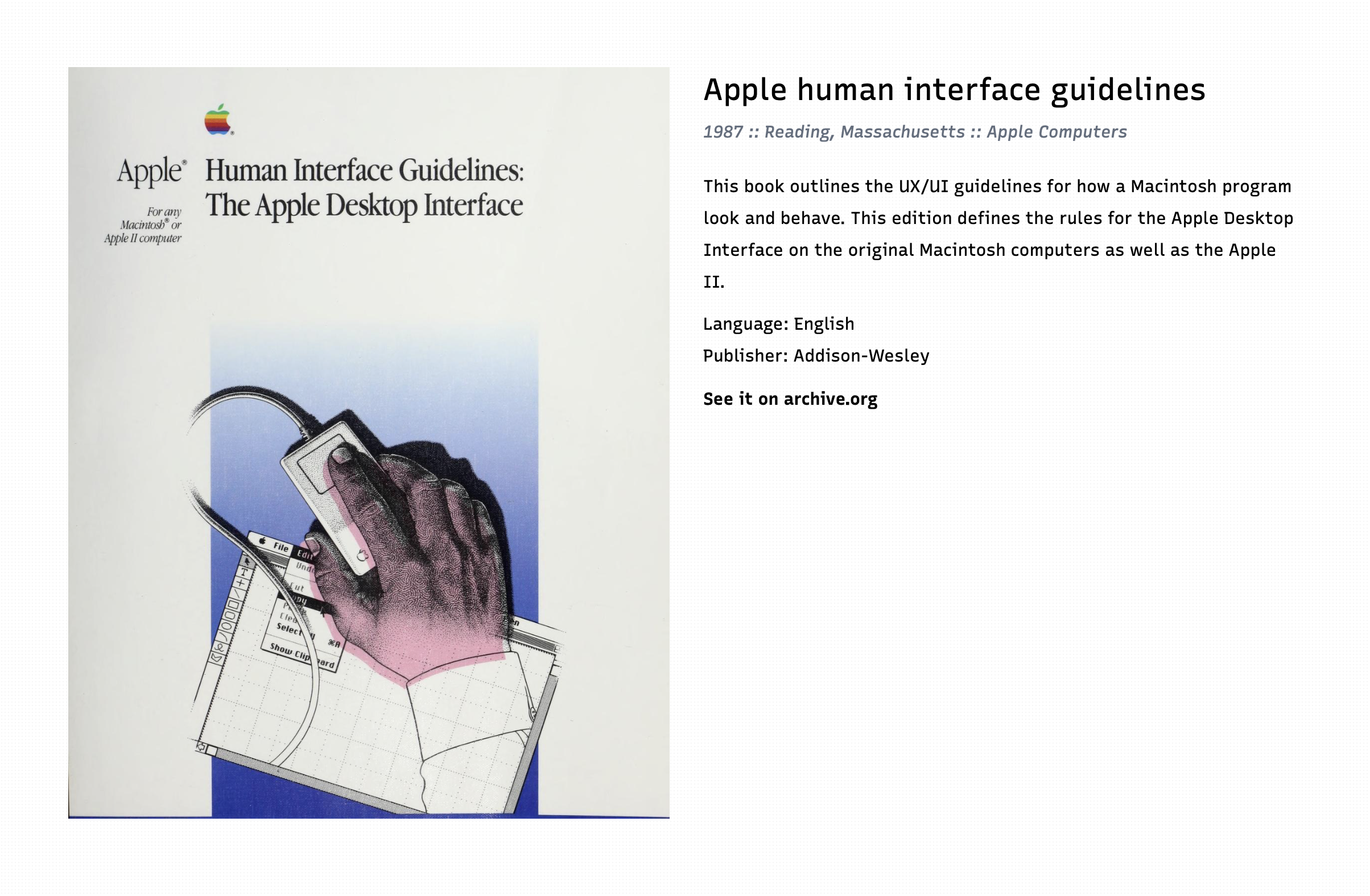 Apple《Human Interface Guidelines: The Apple Desktop Interface》1987 年原版書籍封面與書籍資訊卡片，封面為 Apple 彩虹 logo 搭配一隻手握初代滑鼠操作繪圖軟體選單的插畫，右側標示出版於 1987 年麻州 Reading、出版社 Addison-Wesley，並附「See it on archive.org」連結。