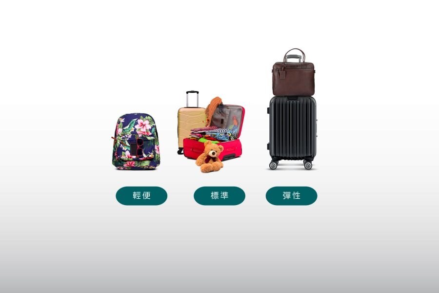 輕便、標準、彈性三種票價類別的行李示意