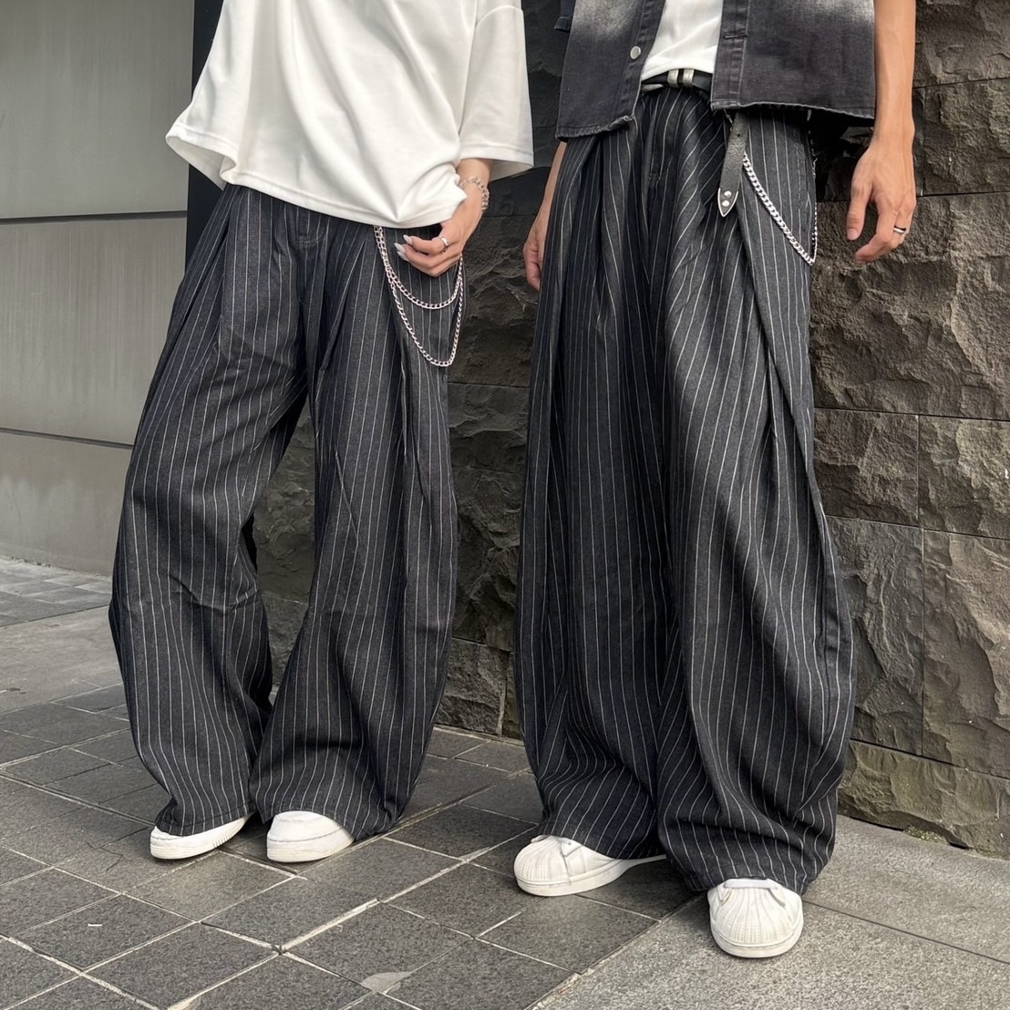 韓系 彎刀 直條紋長褲 寬褲 鬆緊腰圍