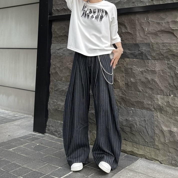 韓系 彎刀 直條紋長褲 寬褲 鬆緊腰圍