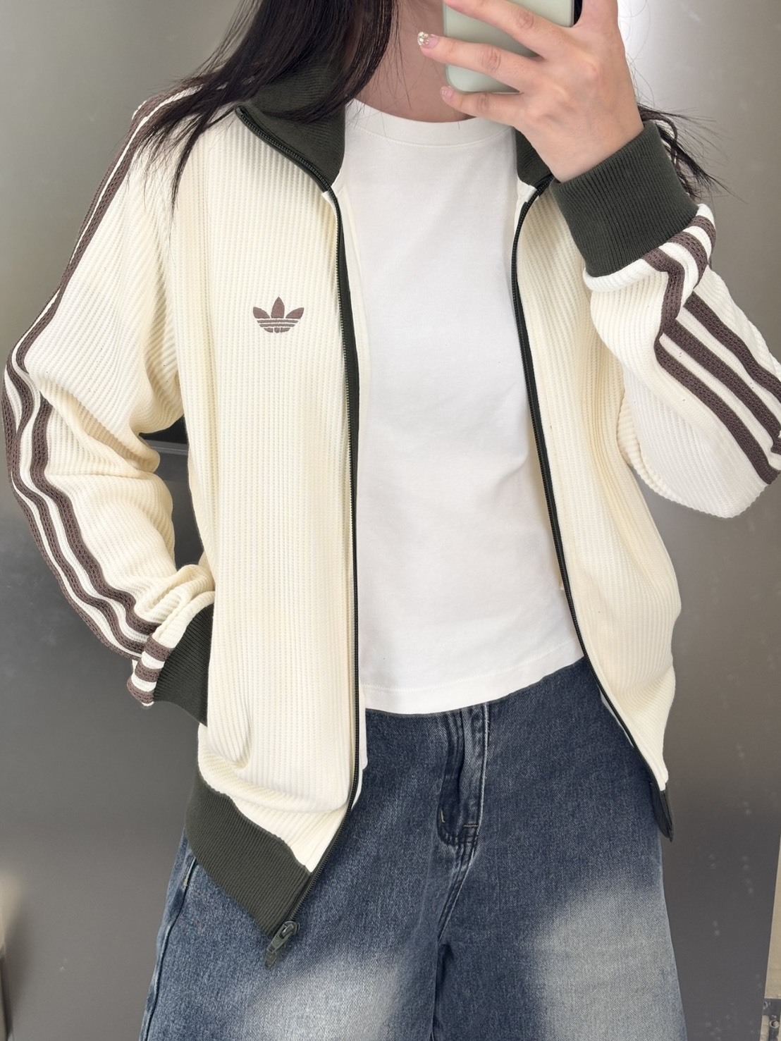 ADIDAS ORIGINALS 華夫格 雙拉鍊 拼接 立領外套 抹茶米棕