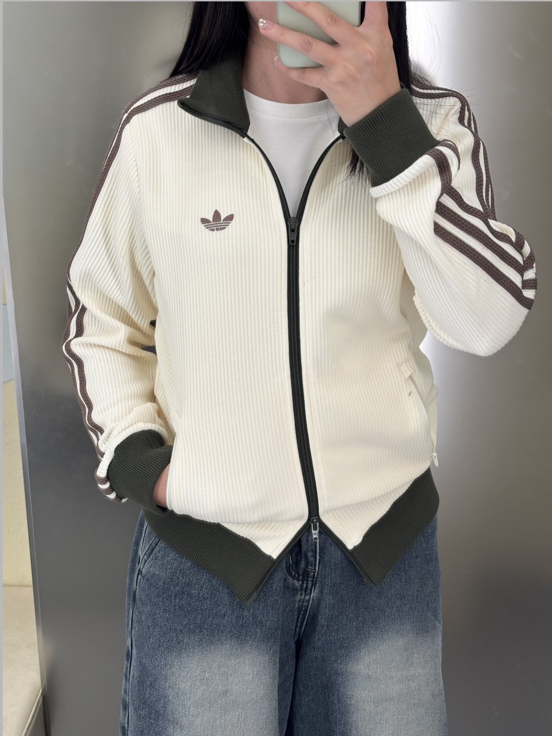 ADIDAS ORIGINALS 華夫格 雙拉鍊 拼接 立領外套 抹茶米棕