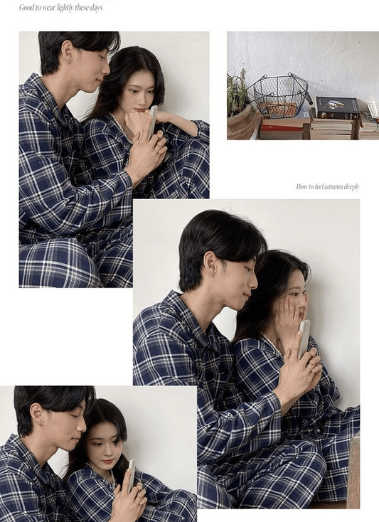 Juuneedu｜[長袖睡衣] Bread Tartan Check Couple Pajama [2 colors]