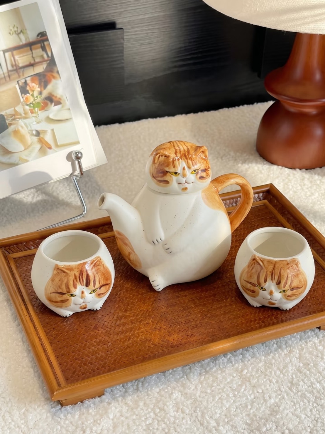 手作 胖橘貓 陶瓷 茶具禮盒組 一壺二杯 禮盒組 整組（茶壺+2個小貓杯）