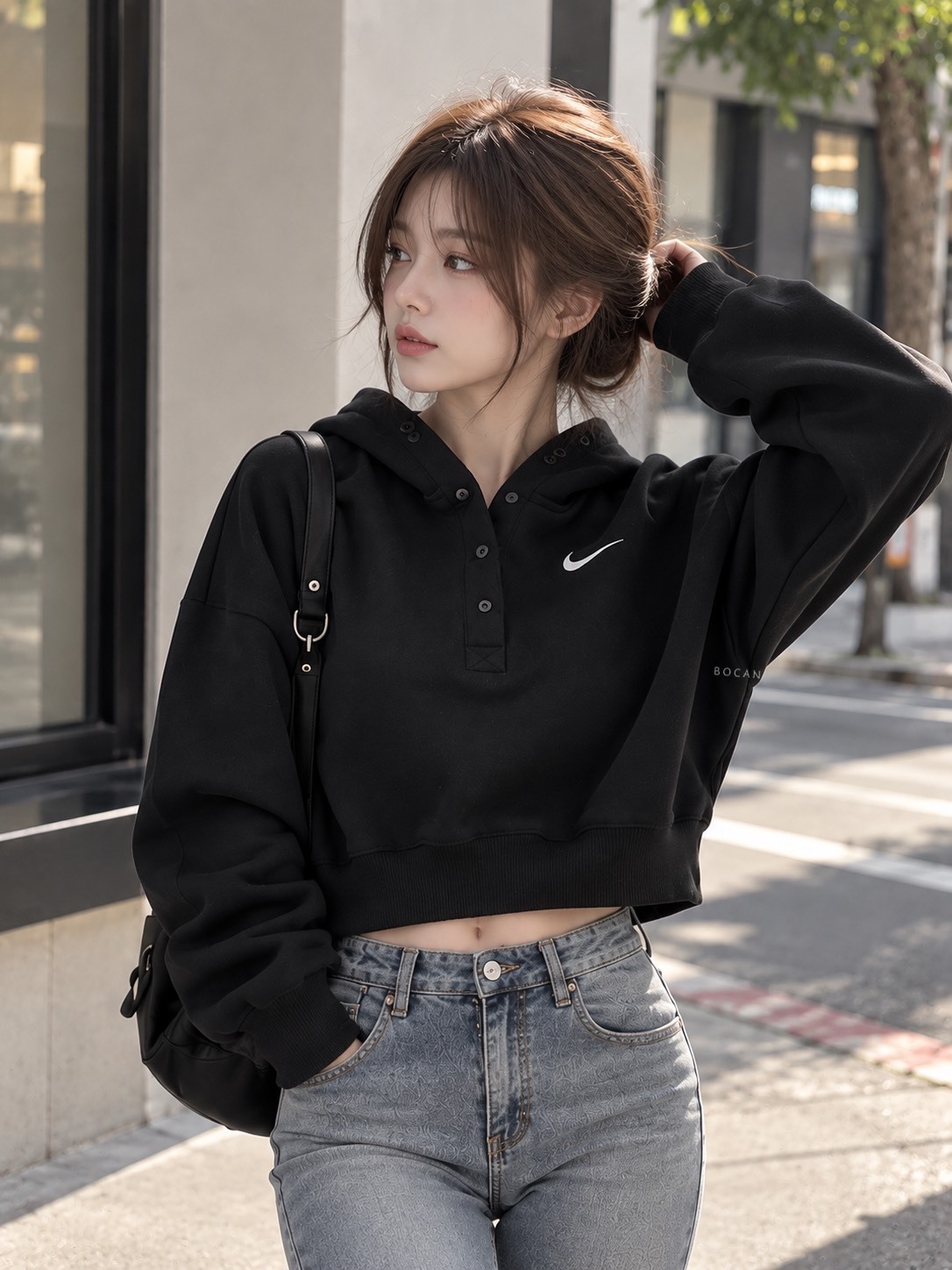 NIKE LOGO 連帽 短款衛衣 黑色
