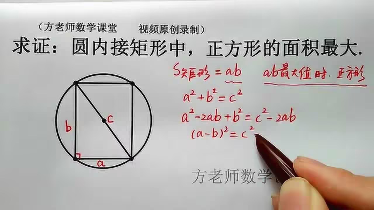 數學教學影片截圖,白紙上以黑筆畫出圓內接矩形(邊長 a、b,對角線 c 為圓直徑),標題為「求證:圓內接矩形中,正方形的面積最大」,右側以紅筆推導 S 矩形 = ab、a² + b² = c²、a² − 2ab + b² = c² − 2ab,並寫出 (a − b)² = c² − 2ab 與「ab 最大值時,正方形」的結論,畫面右下角可見手持紅筆書寫,上方標示「方老師數學課堂 視頻原創錄製」。