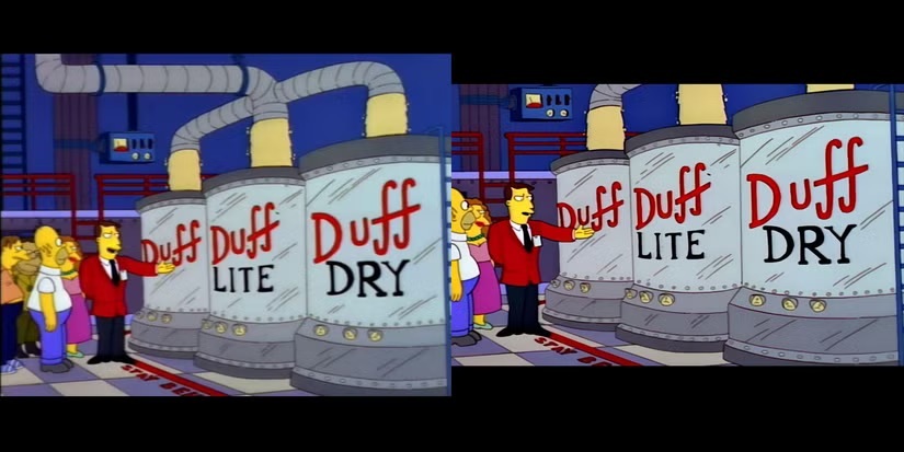 動畫《The Simpsons》啤酒工廠導覽場景的左右畫幅對照截圖,左側為 4:3 畫面、右側為 16:9 寬螢幕裁切版本,畫面中穿紅色外套的導覽員伸手介紹三座標示「Duff」、「Duff Lite」、「Duff Dry」的啤酒儲槽,一旁站著參觀群眾;對比可見 4:3 原版能看到較多上下與左側的場景內容,16:9 版本則被裁切、人物與儲槽比例也隨之改變。