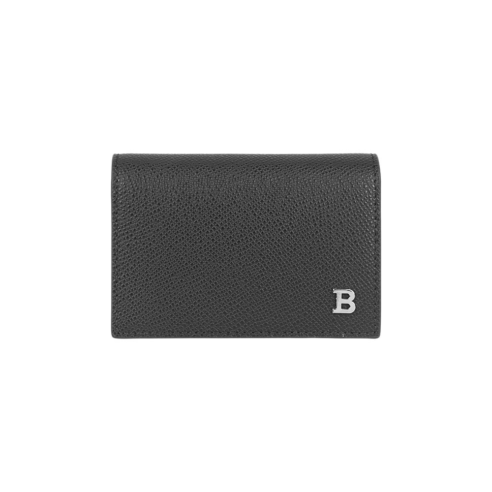 【Bally】銀字B Logo 防刮牛皮對開證件照厚款卡片夾/名片夾(黑色)