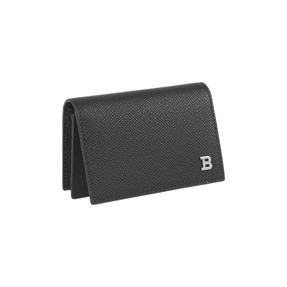 【Bally】銀字B Logo 防刮牛皮對開證件照厚款卡片夾/名片夾(黑色)