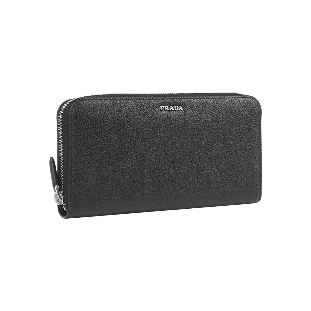 【Prada】銀字Logo 粒紋皮革ㄇ型內拼色拉鍊長夾(黑色/水銀灰)