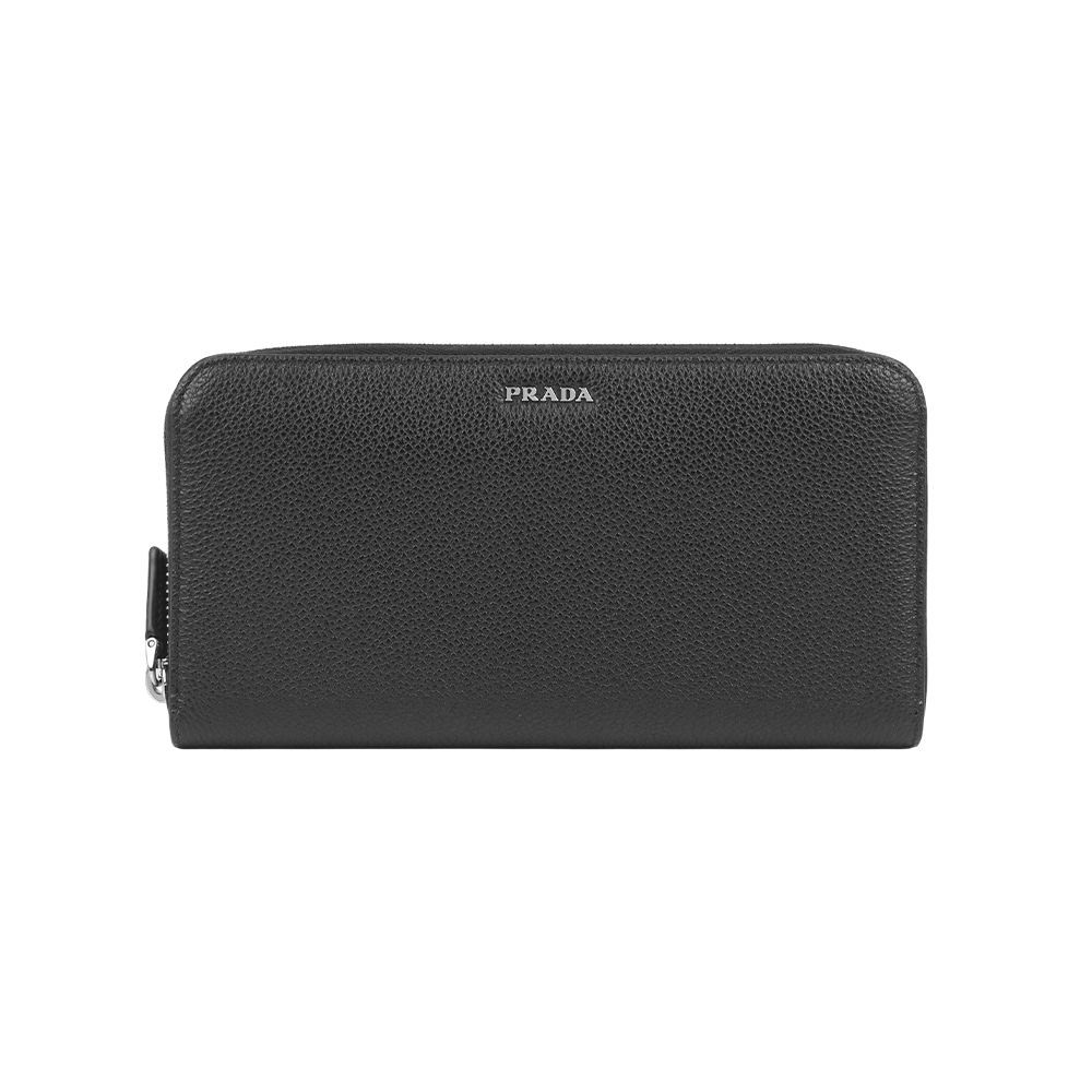 【Prada】銀字Logo 粒紋皮革ㄇ型內拼色拉鍊長夾(黑色/水銀灰)