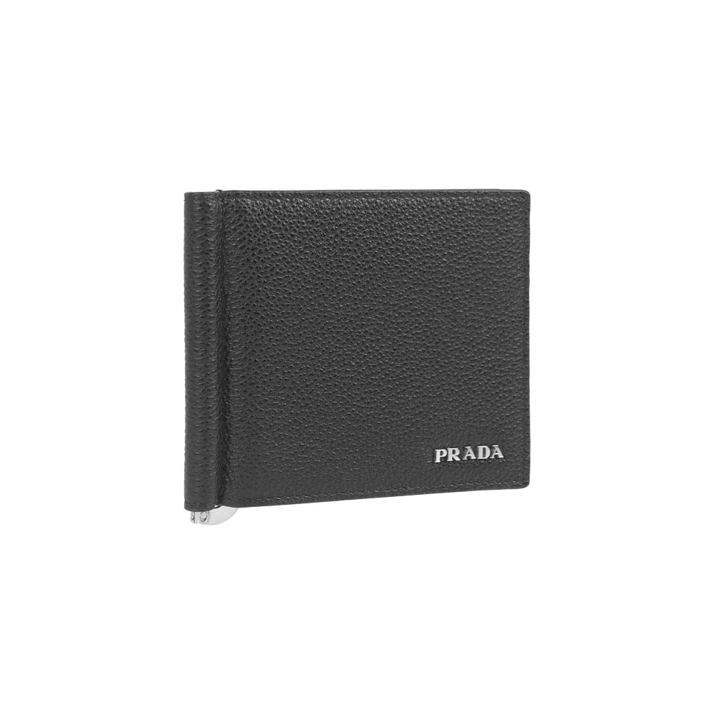 【Prada】銀字Logo 粒紋牛皮鈔票夾對開短夾(黑色)