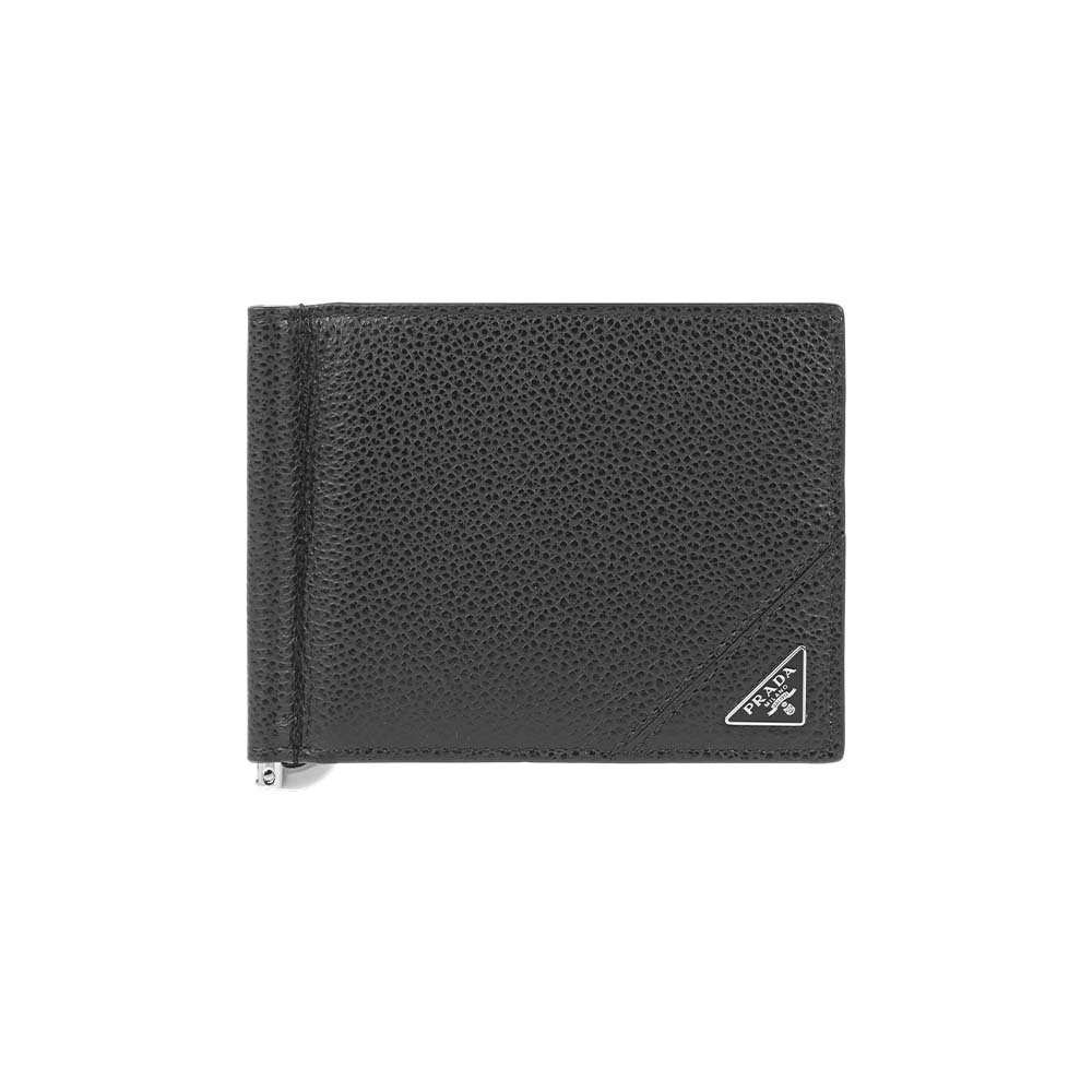 【Prada】三角牌Logo 粒紋牛皮鈔票夾對開短夾(黑色)