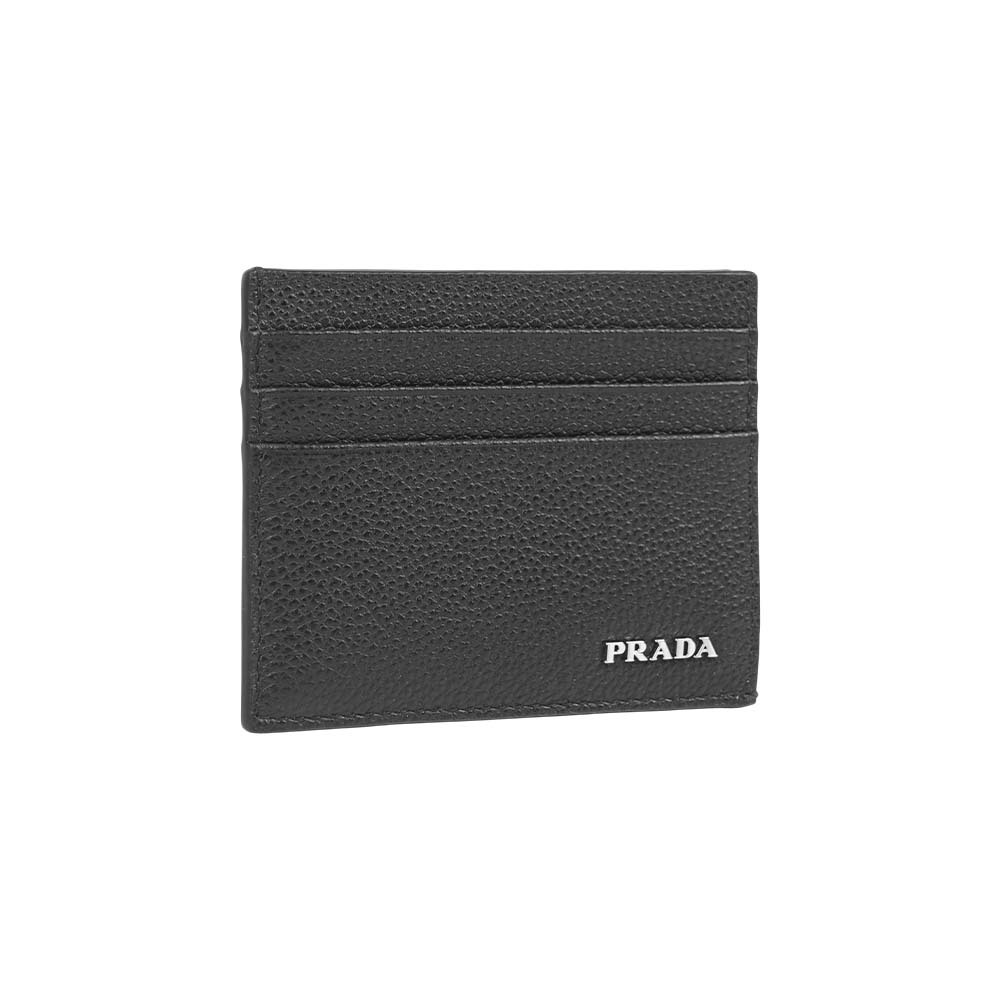 【Prada】銀字Logo 粒紋牛皮6卡名片夾/卡片夾(黑色)