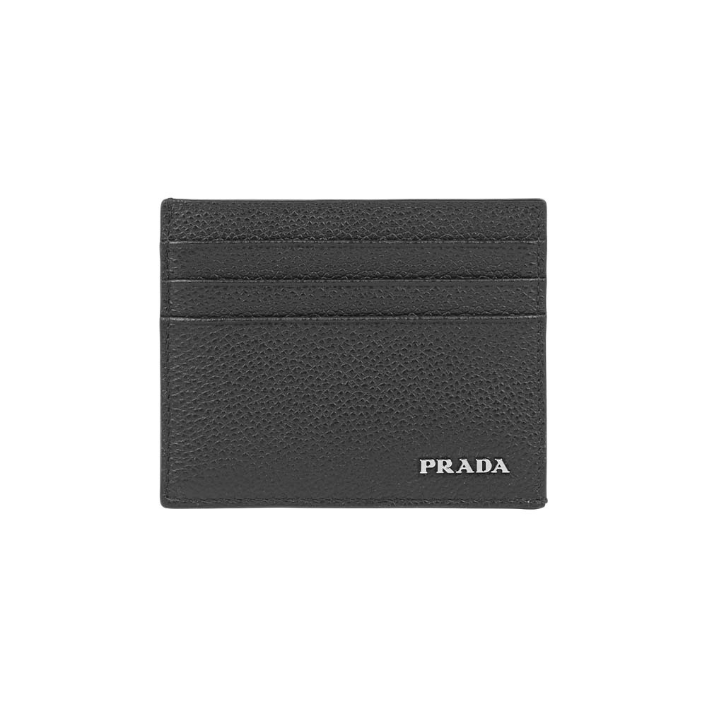 【Prada】銀字Logo 粒紋牛皮6卡名片夾/卡片夾(黑色)