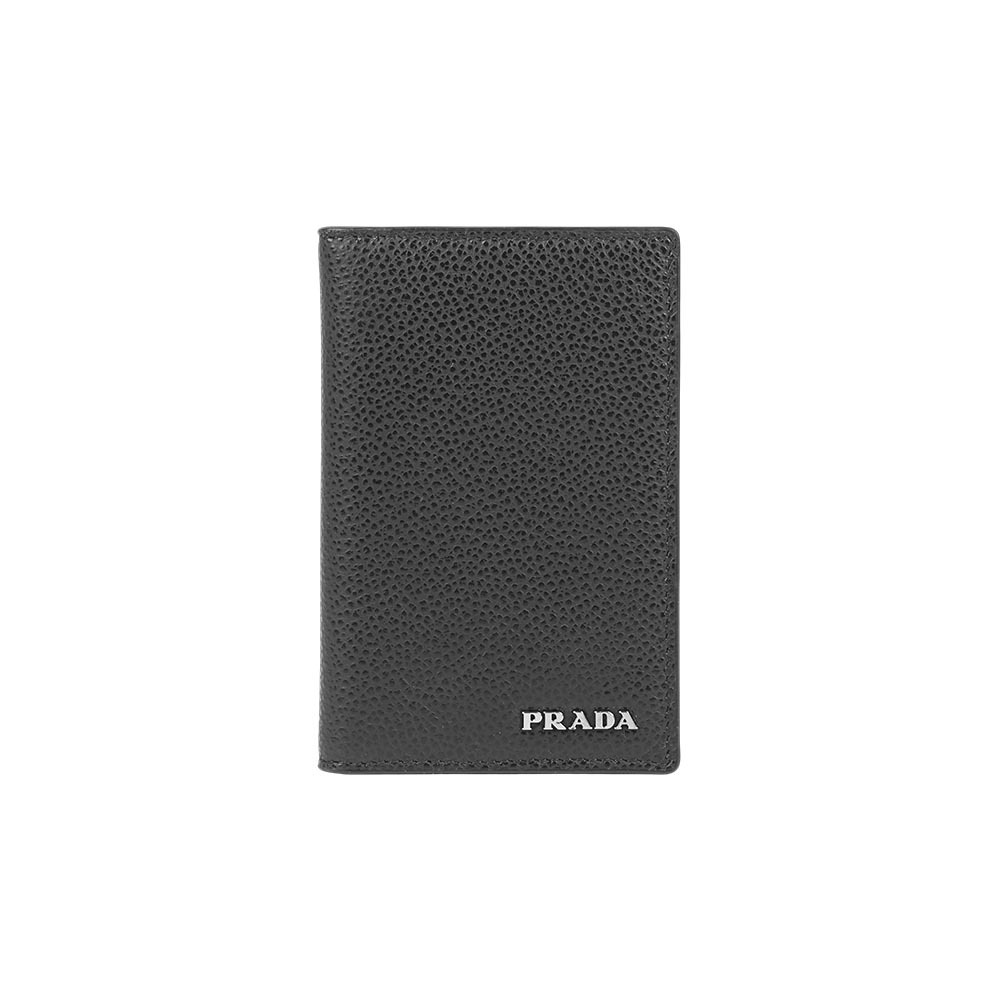 【Prada】銀字Logo 牛皮對卡片夾/名片夾(黑色)