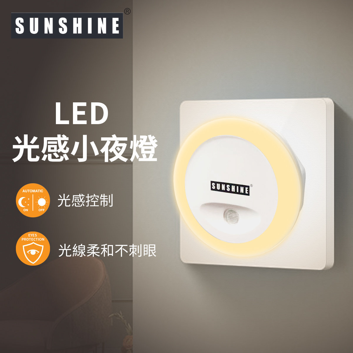 LED Night Light with Light Sensor, Warm White 3000K, Auto On/Off