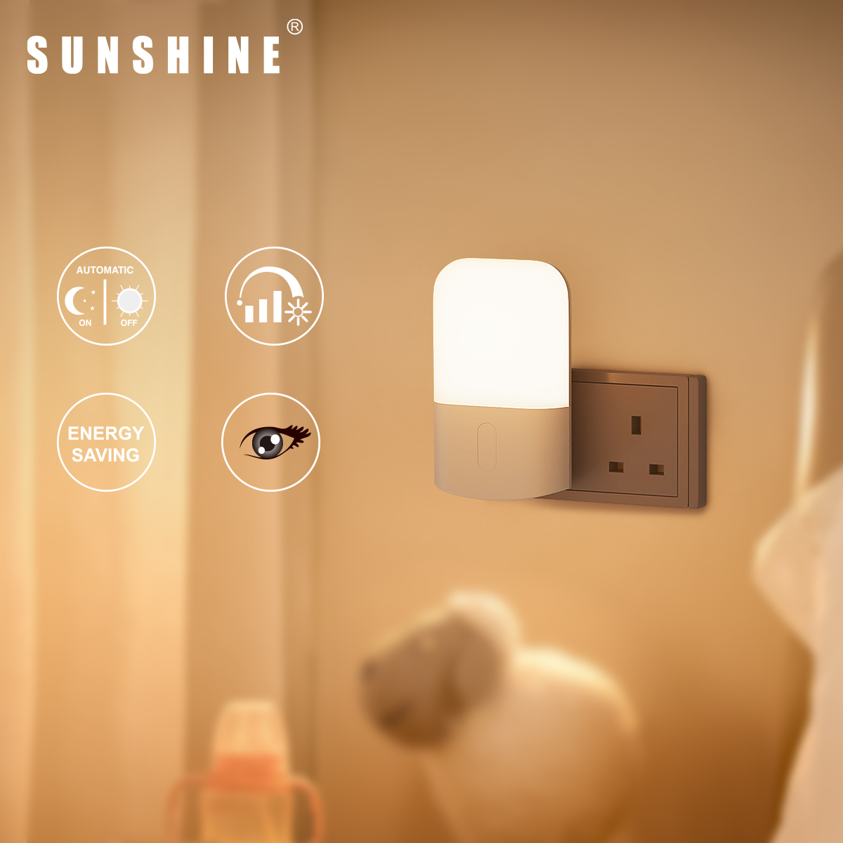 LED Light Sensor Night Light, Warm White, 3-Level Brightness, 13A Plug-In