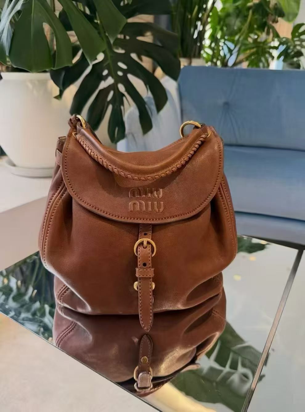Miu Miu Leather Backpack with Braided Details Brown 棕色小牛皮背包
