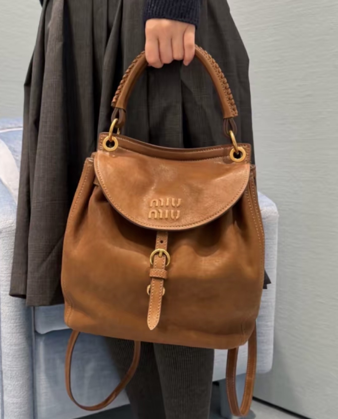 Miu Miu Leather Backpack with Braided Details Brown 棕色小牛皮背包