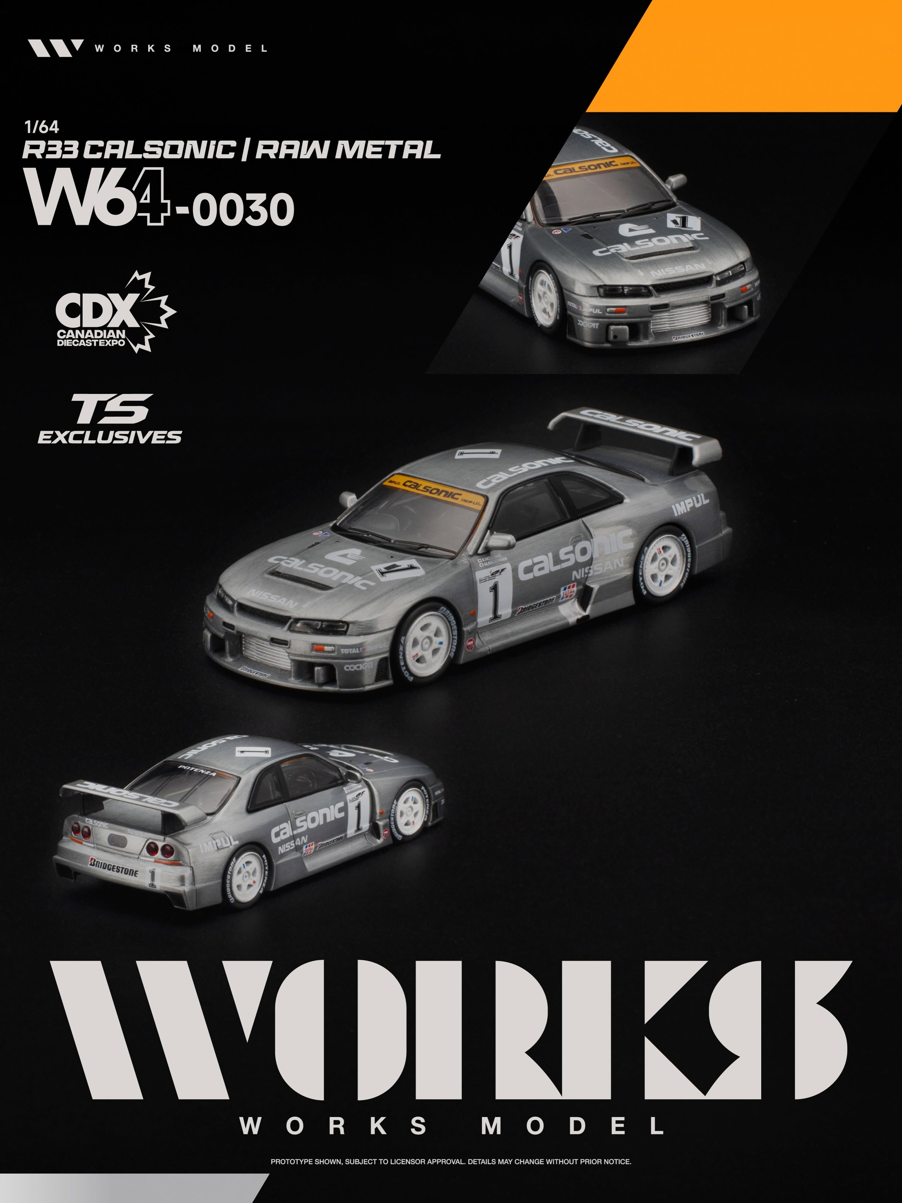 預訂:1/64 Works Model R33 Calsonic Raw Metal (W640030)