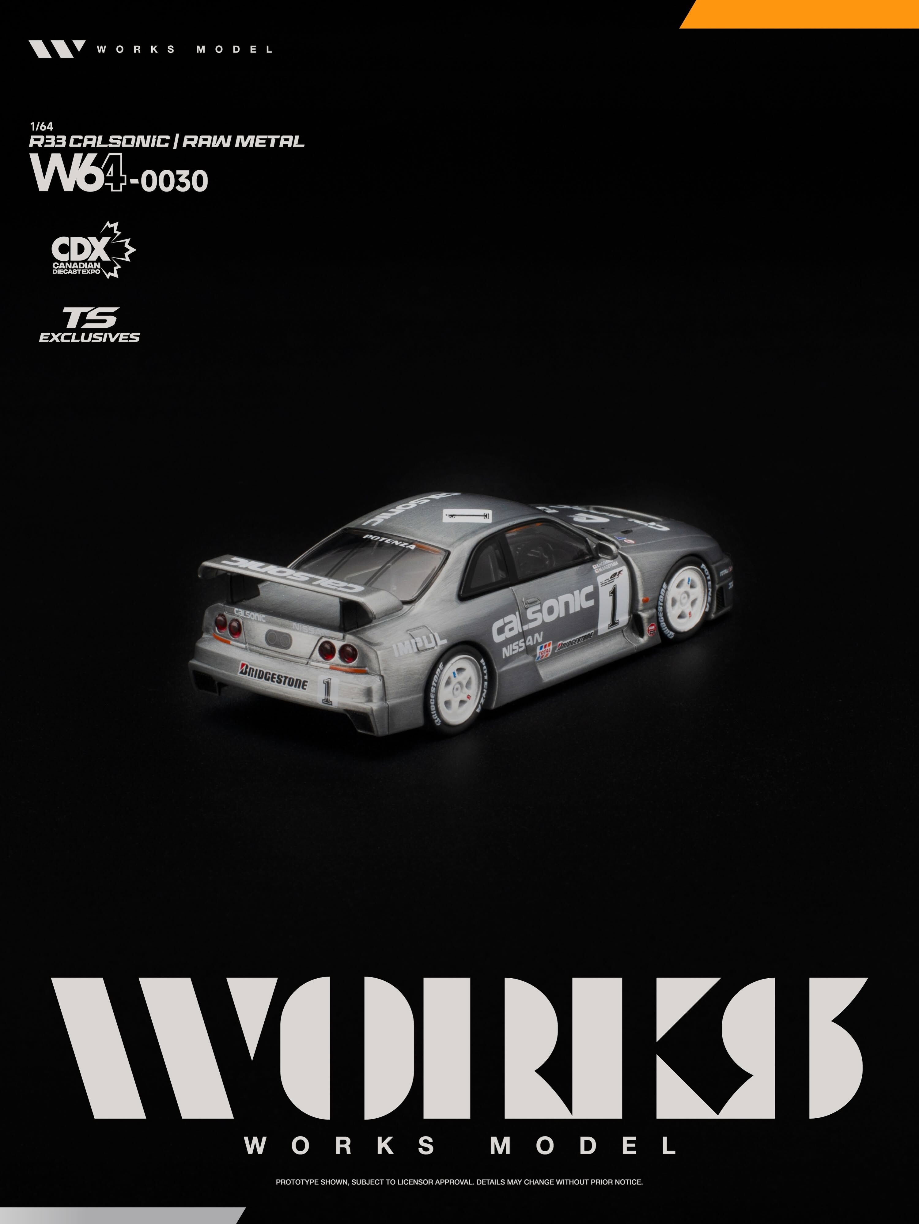 預訂:1/64 Works Model R33 Calsonic Raw Metal (W640030)