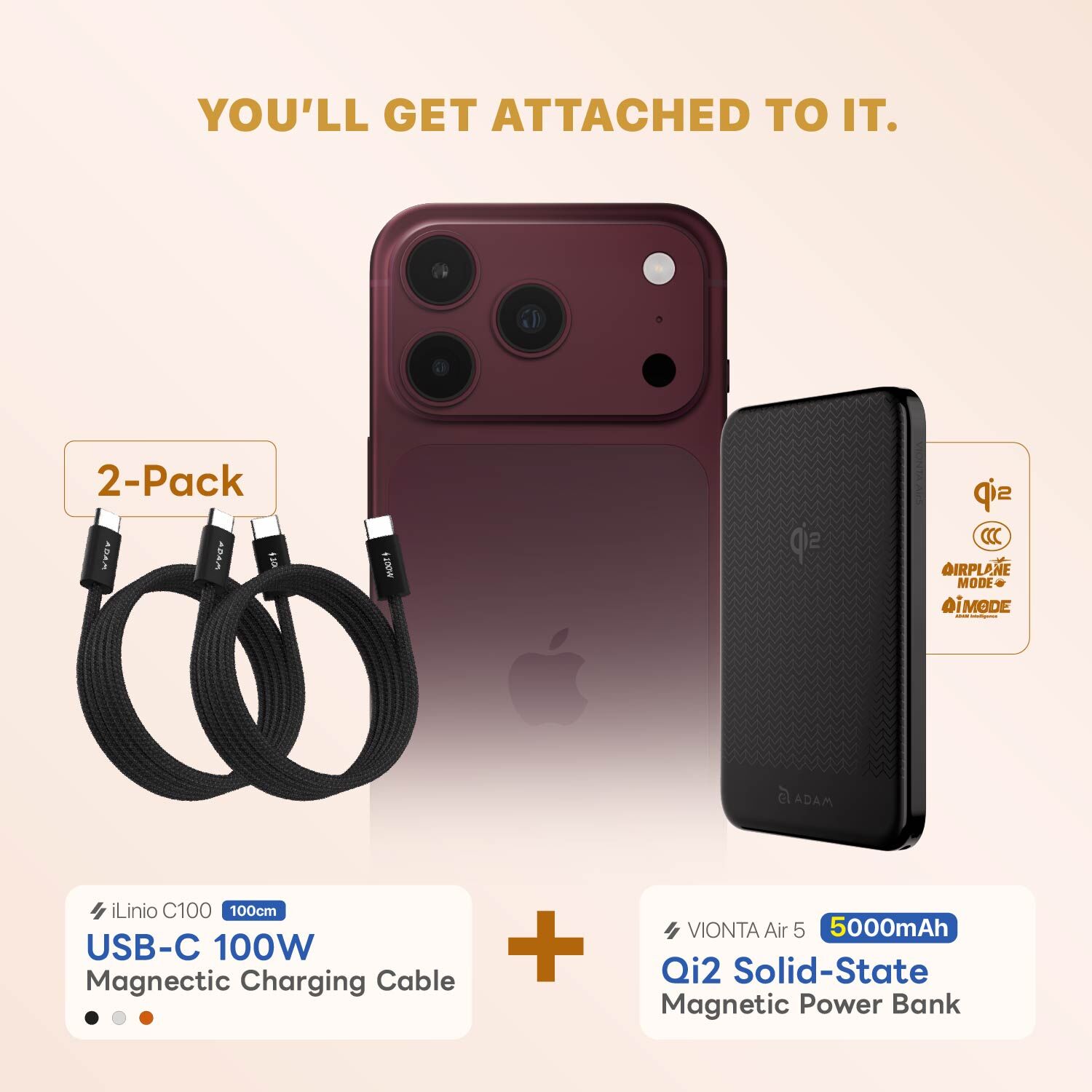 VIONTA Air 5 Qi2 Solid-State Magnetic Power Bank + iLinio C100 USB-C to USB-C 100W Magnetic Charging Cable (2-Pack)