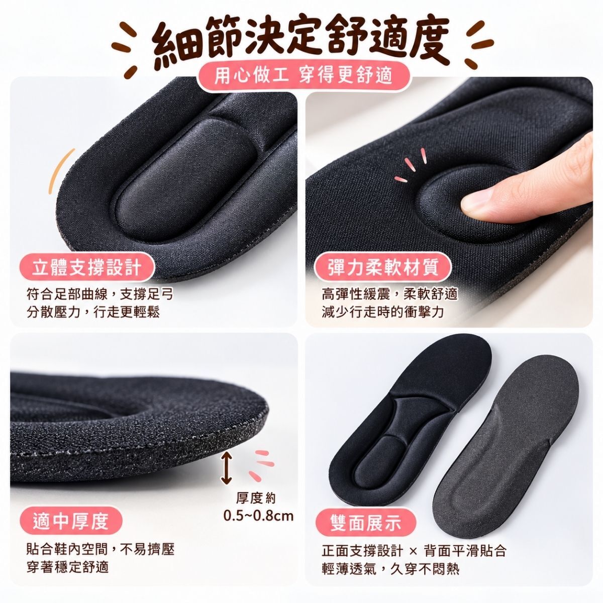 彈力健康型鞋墊｜27cm 可裁剪鞋墊 足弓支撐 柔軟緩震鞋墊 黑色1雙入【輕鬆購五金百貨】