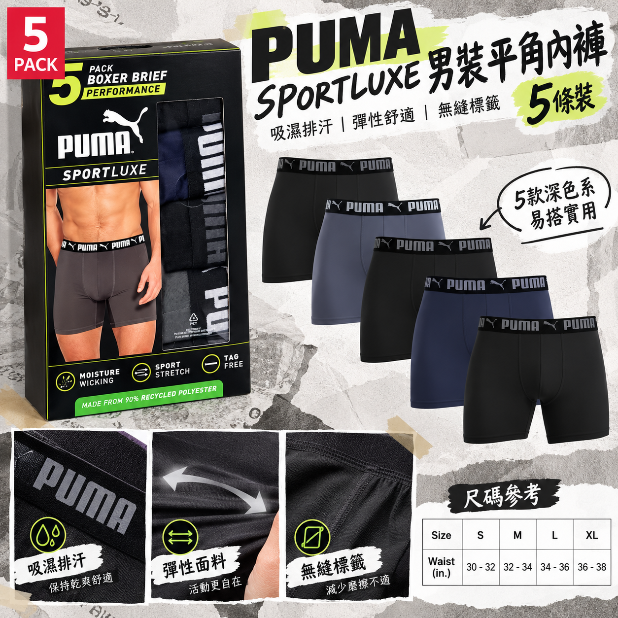 【預購】PUMA N100230 男裝內褲 (5條裝)