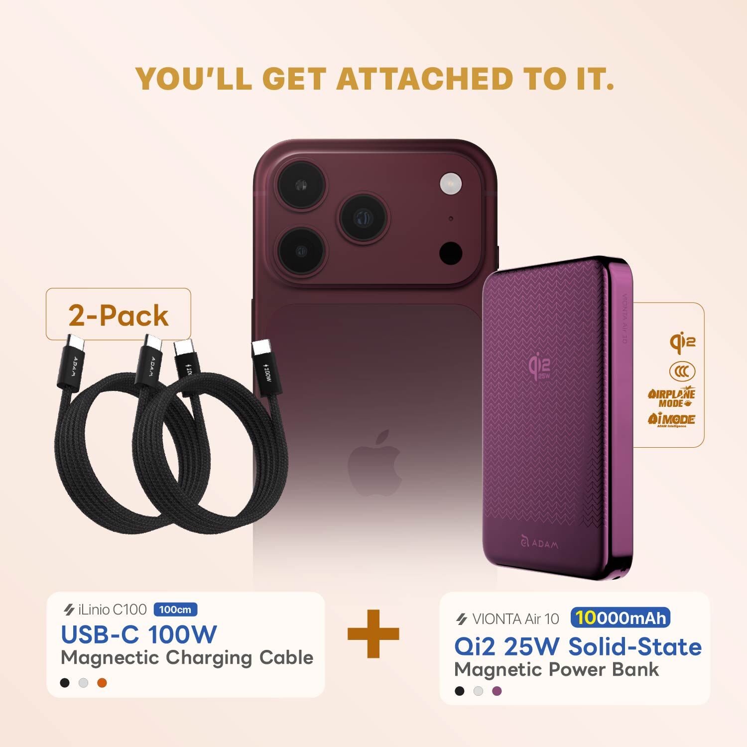 VIONTA Air 10 Qi2 25W Solid-State Magnetic Power Bank + iLinio C100 USB-C to USB-C 100W Magnetic Charging Cable (2-Pack)