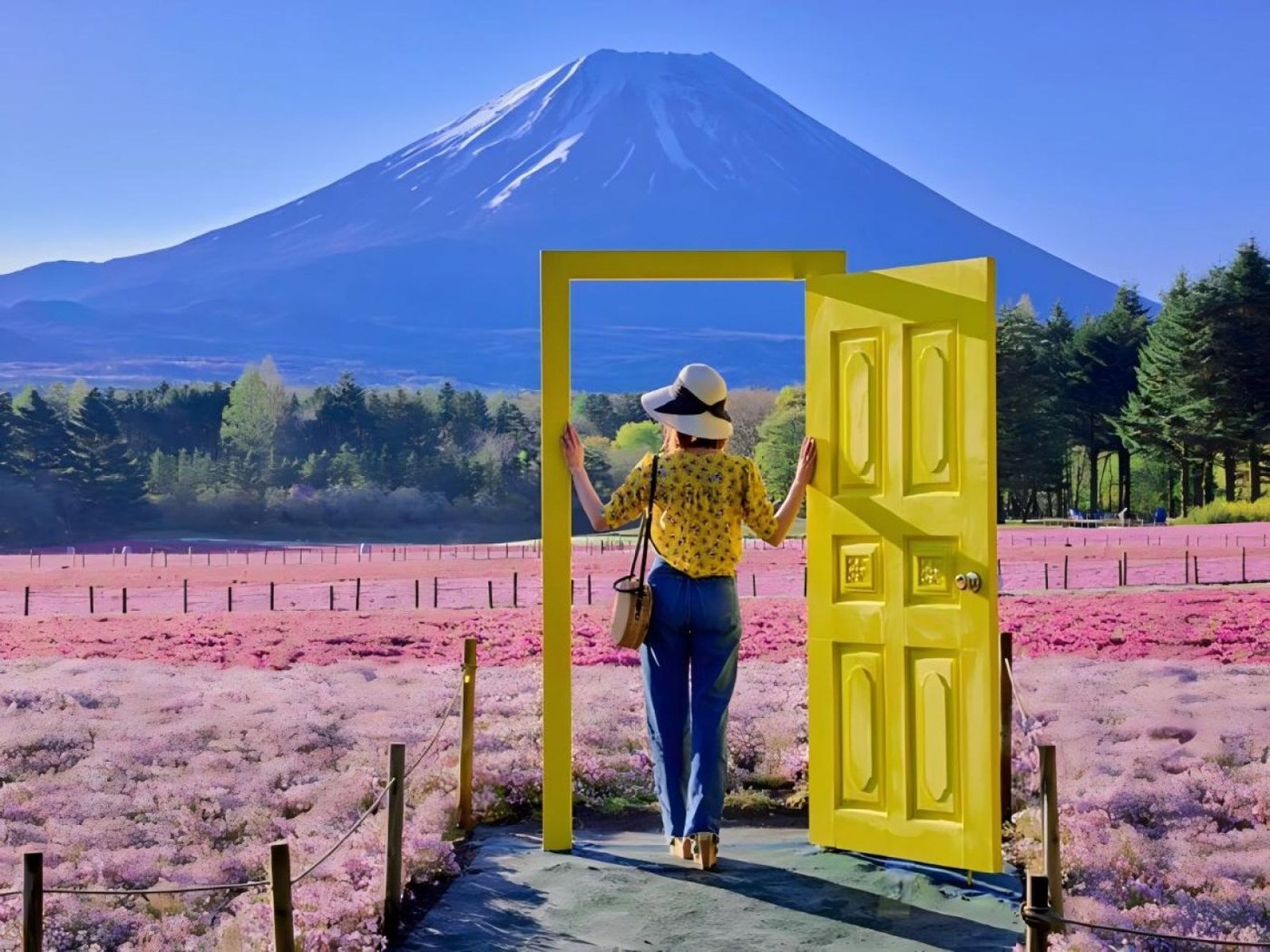 旅客在富士山前的花田拍照
