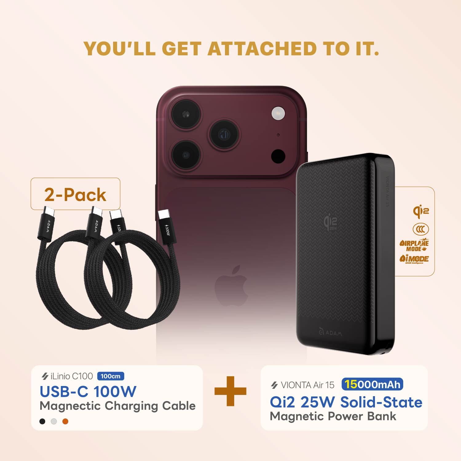VIONTA Air 15 Qi2 25W Solid-State Magnetic Power Bank + iLinio C100 USB-C to USB-C 100W Magnetic Charging Cable (2-Pack)