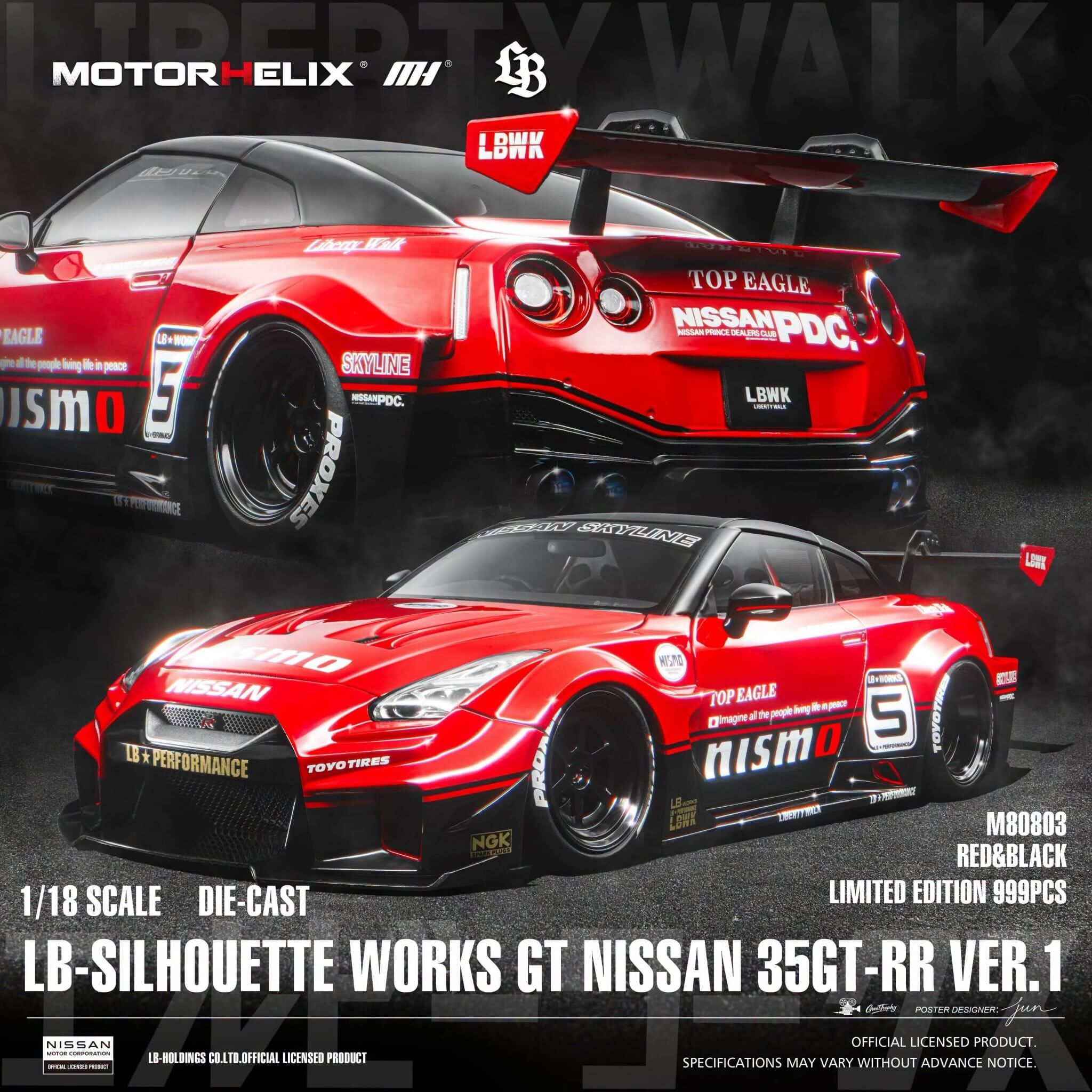 預訂 (訂金$300) (預訂價$2214):1/18 MOTORHELIX LB Silhouette Works GT Nissan 35GT-RR Ver.1 Red & Black (M80803)