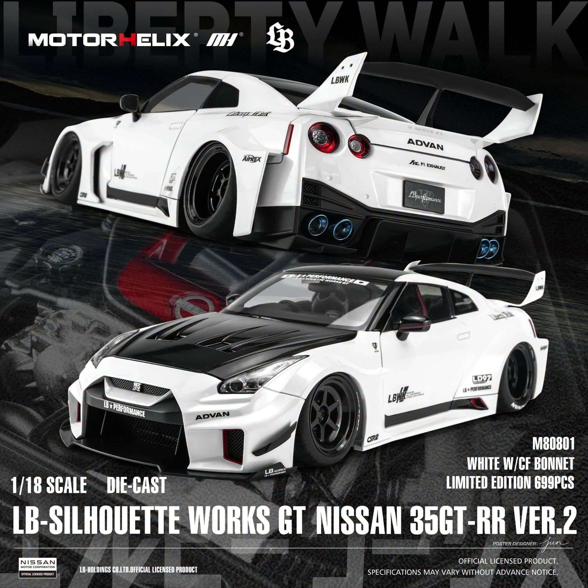 預訂 (訂金$300) (預訂價$2214):1/18 MOTORHELIX LB Silhouette Works GT Nissan 35GT-RR Ver.2 White w/ CF Bonnet (M80801)