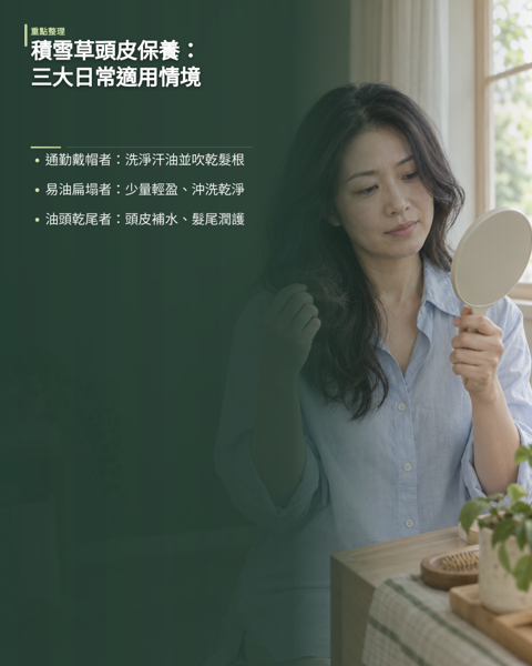 積雪草頭皮保養適合哪些人?三大台灣日常適用情境,積雪草配方的輕盈、親膚與舒緩保濕特性,適合所有希望維持清爽、又不想因過度去脂而感到負擔的人。 判斷自己適不適合有一個簡單指標:日常清潔已經很確實,卻依然悶熱、黏膩或髮根扁塌,通常代表缺的是舒緩與調理,而不是更強的清潔力。