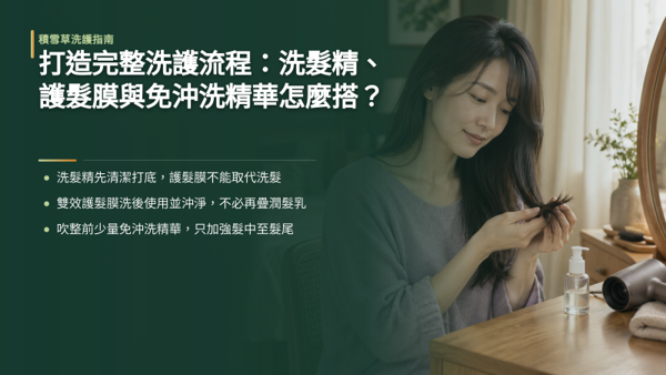 打造完整洗護流程:洗髮精、護髮膜與免沖洗精華怎麼搭?養成髮絲質感不靠繁複的瓶瓶罐罐,靠的是清潔與護理各司其職。 完整的洗護流程可分為洗淨打底與沖洗式調理及表層鎖水防護三個階段。 洗髮精是流程的基礎,專職帶走皮脂與髒污,唯有徹底洗淨才能為後續的護髮成分創造良好的附著環境。