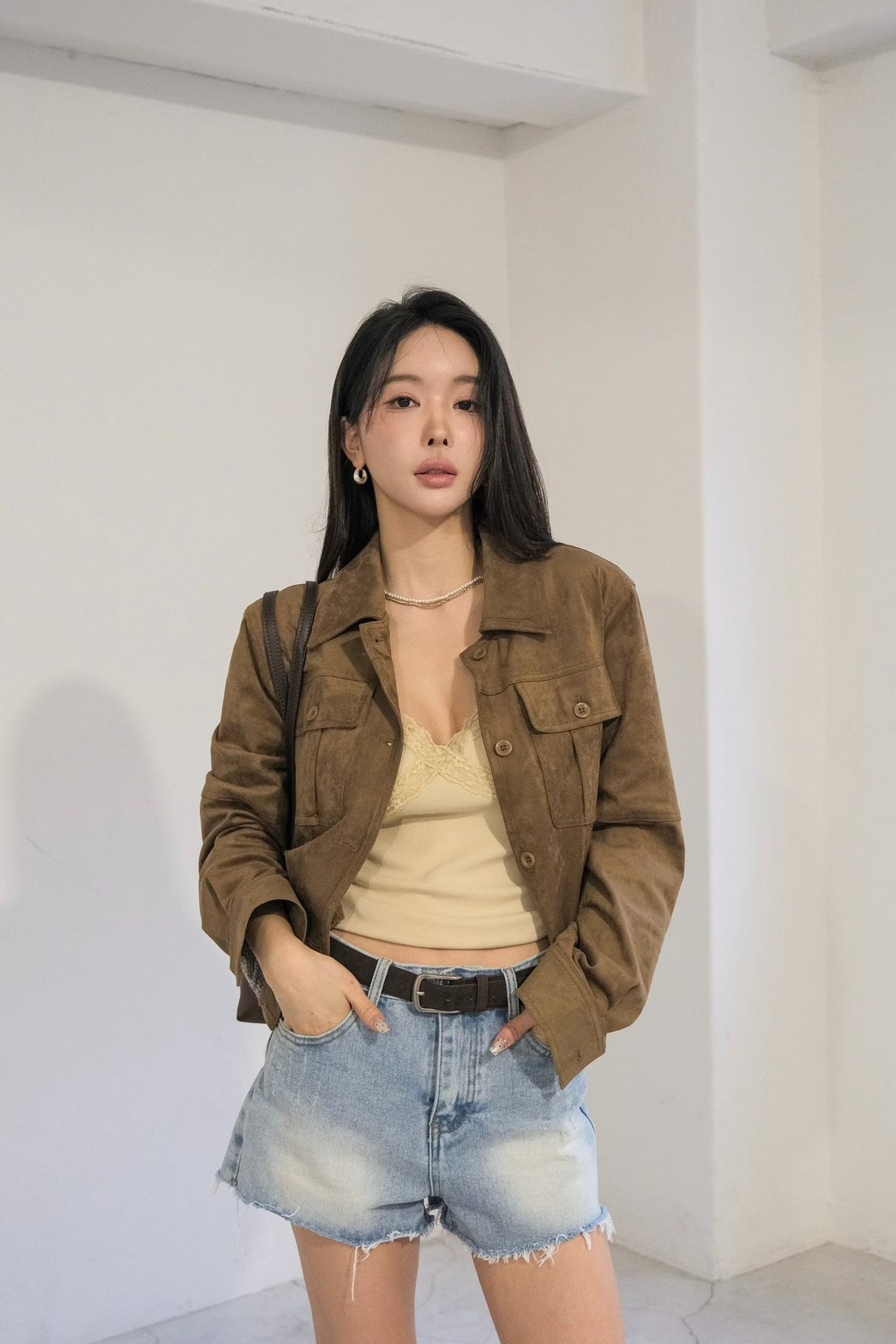 翻領縮腰絨面夾克