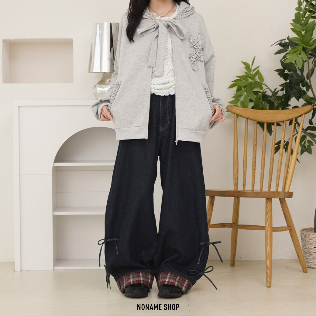 KUTIR 日本限定 格紋 蝴蝶結 寬版 闊腿褲 長褲 兩色 (女款)