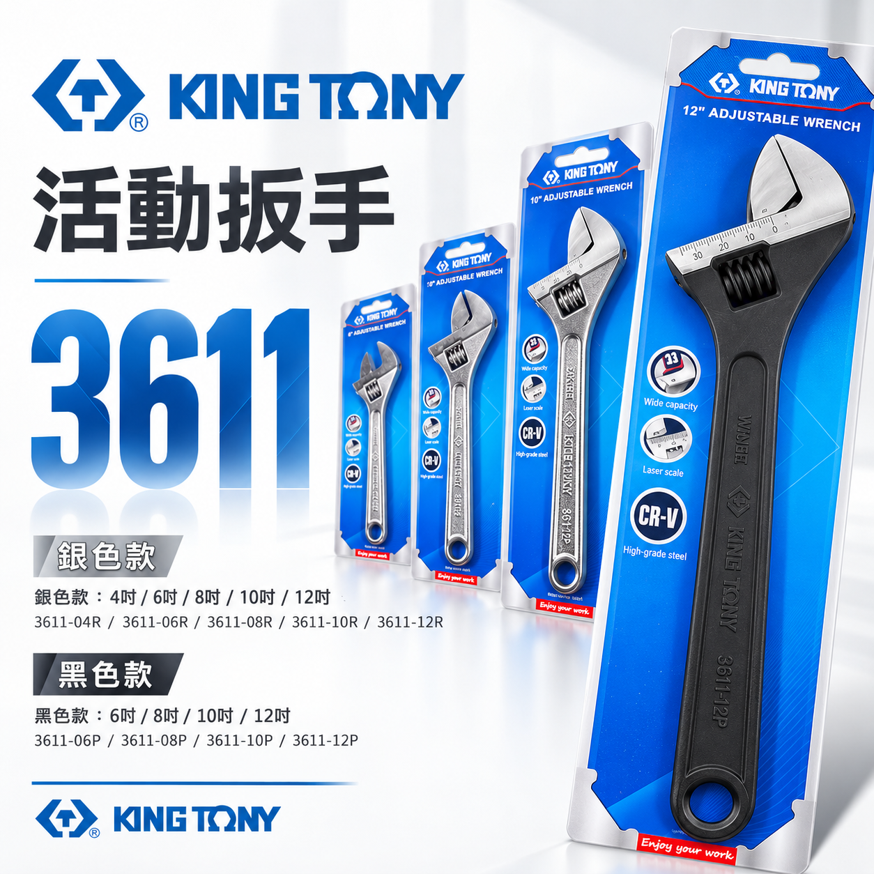 台灣製 KING TONY 金統立｜黑色 / 銀色日式活動板手 大開口活動扳手｜3611｜零售 6吋-12吋｜