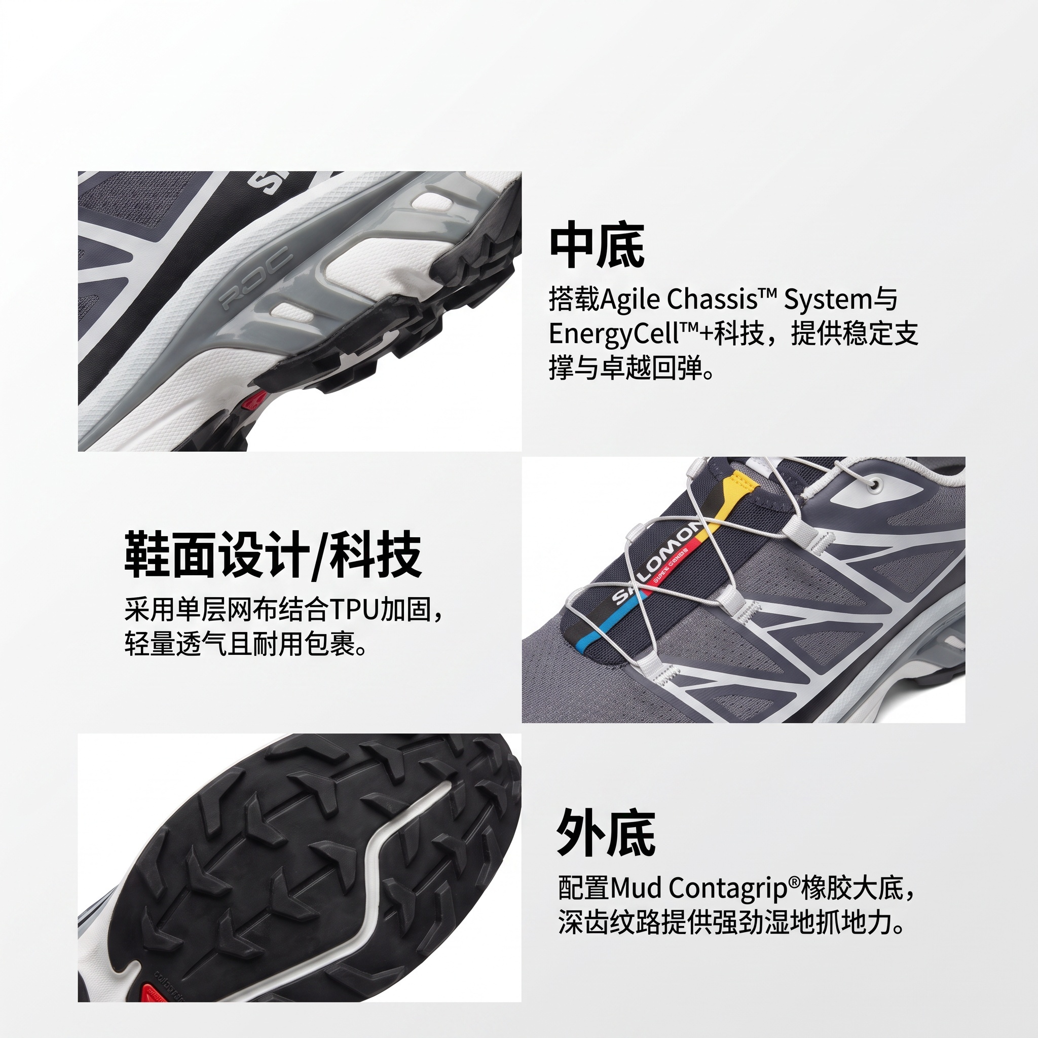 【代購】SALOMON XT 6 Fabric Breathable Running Shoes Unisex Black Gray Blue L47864000