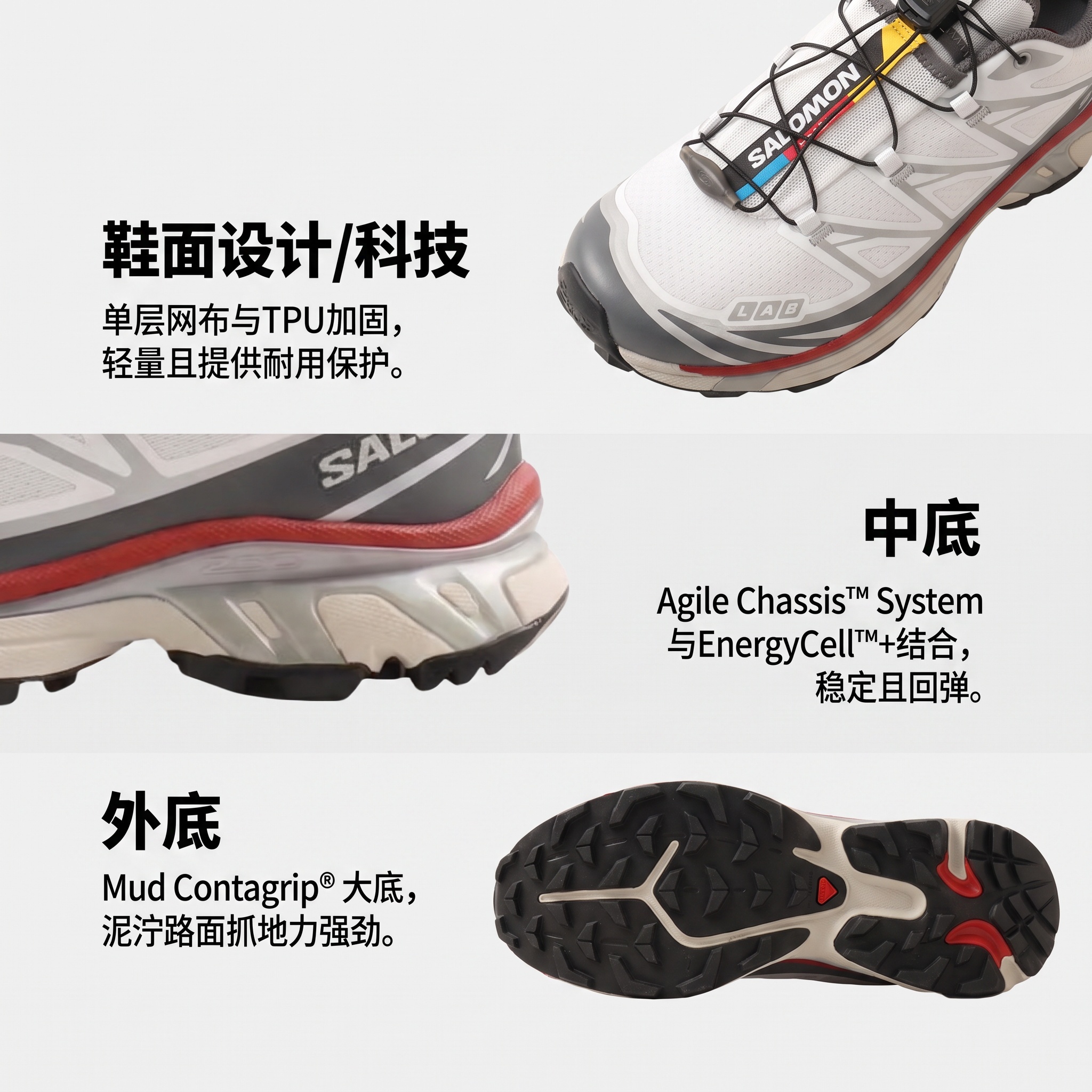 【代購】SALOMON XT 6 Low top Running Shoes Unisex White Gray Red L47864400
