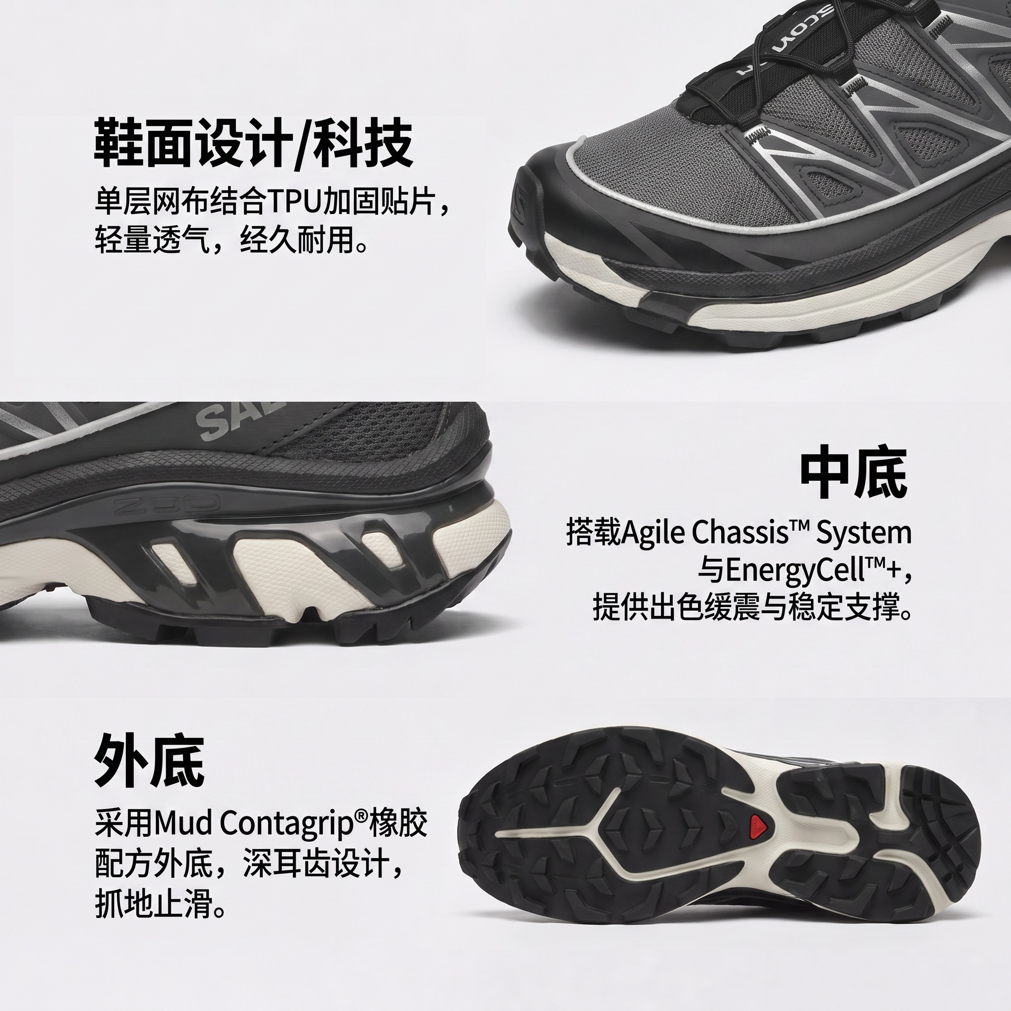 【代購】SALOMON XT 6 Fabric Breathable Low top Outdoor Shoes Unisex Gray Black L47859000