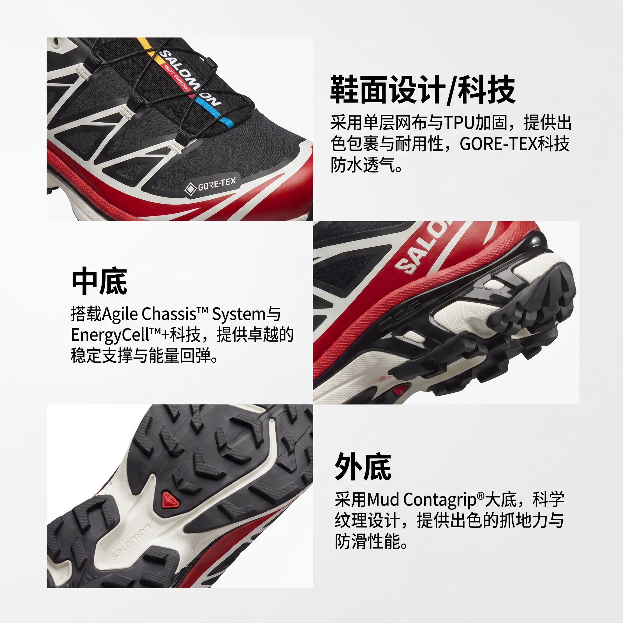 【代購】SALOMON XT 6 Breathable Waterproof Low top Casual Running Shoes Unisex Black Red L47974900