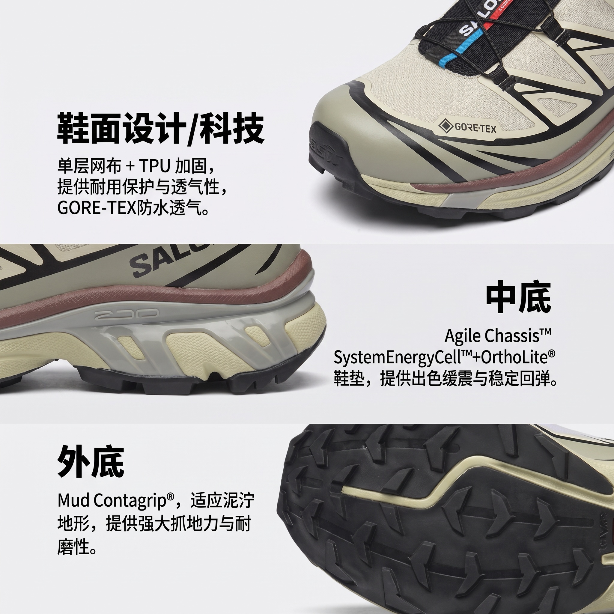 【代購】SALOMON XT 6 Waterproof And Breathable Low top Outdoor Shoes Unisex Beige Green L49202200