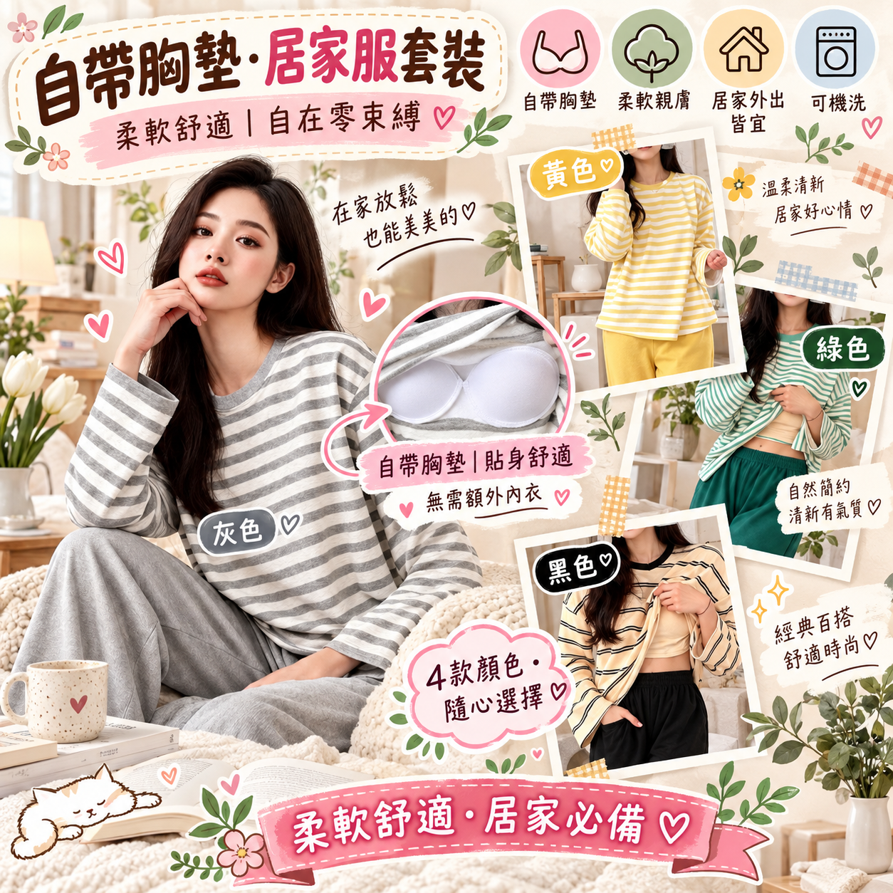 【預訂】AG100301 自帶胸墊條紋居家服套裝｜長袖上衣＋橡筋腰長褲