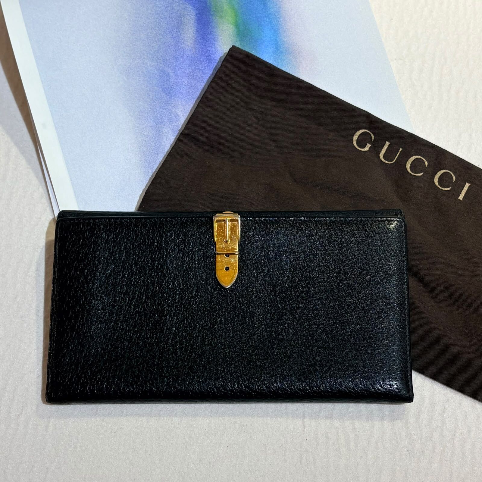 90%NEW二手GUCCI 長銀包 Vintage 黑色牛皮皮帶扣  #香榭站正品